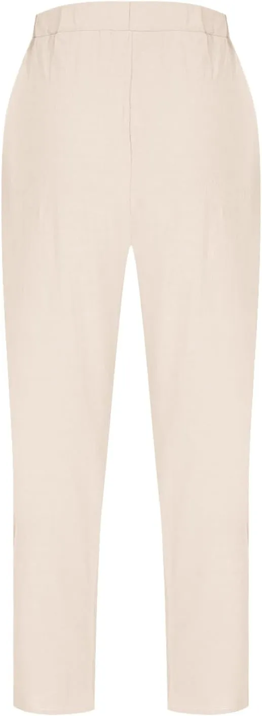 Womens Cotton Linen Wide Leg Pants Casual Summer Elastic High Waisted Palazzo Pants Beach Trousers with Pockets