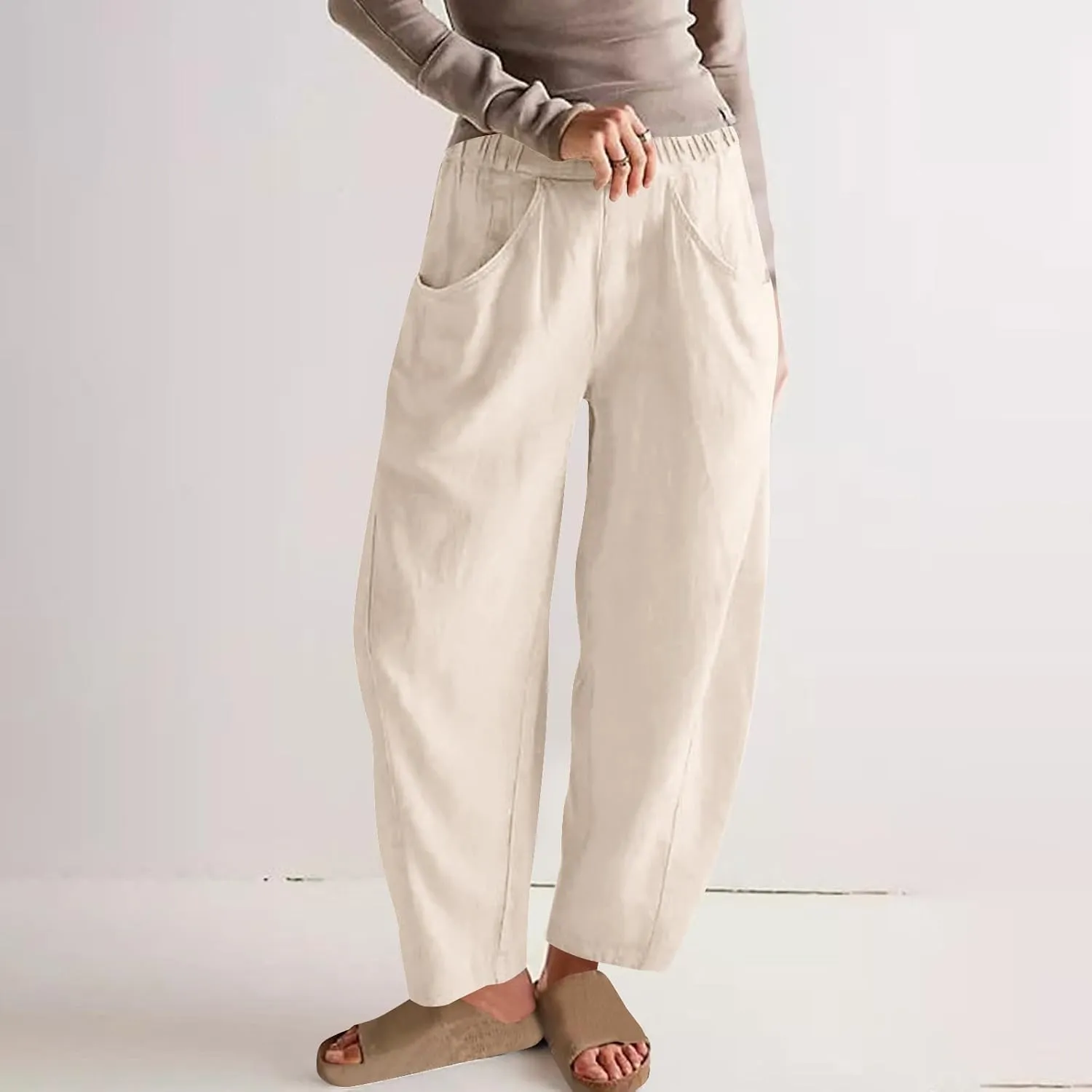 Womens Cotton Linen Wide Leg Pants Casual Summer Elastic High Waisted Palazzo Pants Beach Trousers with Pockets