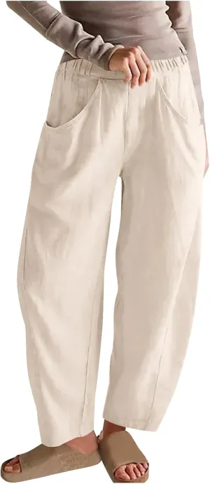 Womens Cotton Linen Wide Leg Pants Casual Summer Elastic High Waisted Palazzo Pants Beach Trousers with Pockets