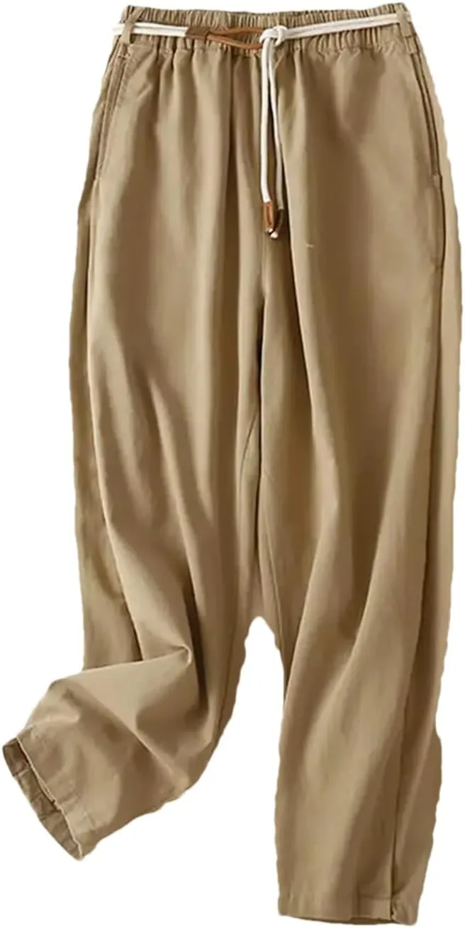 Women's Cotton Nine-Point Pants Solid Color Wide Leg Pants Loose High Waist Harem Pants