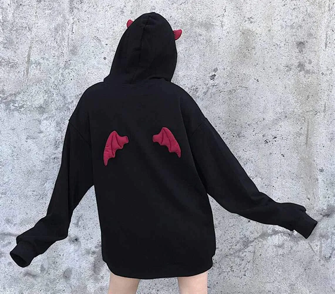 Womens Devil Wing Hoodie Long Sleeve Red Horn Sweatshirt Cute Pullover Tops