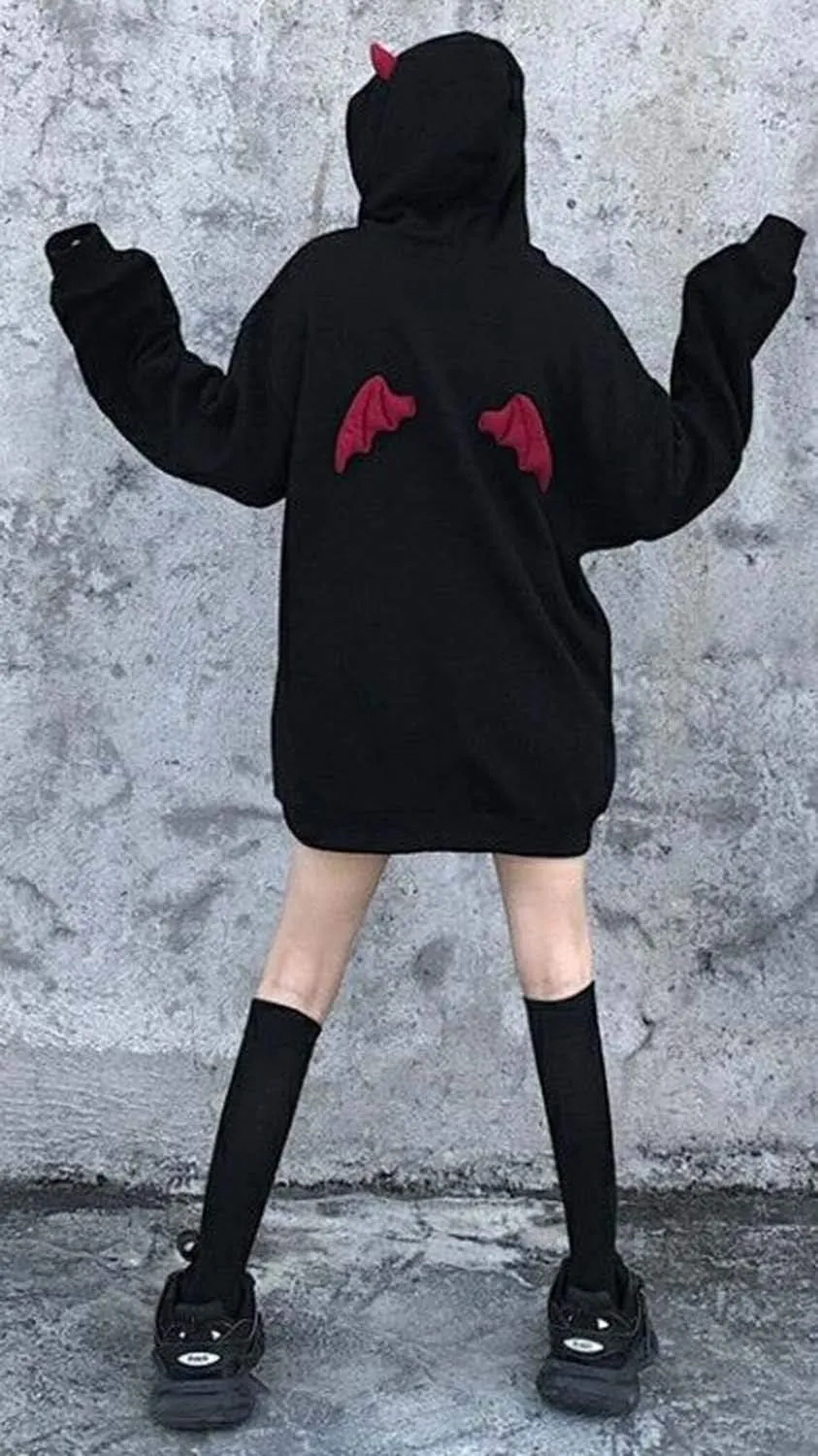 Womens Devil Wing Hoodie Long Sleeve Red Horn Sweatshirt Cute Pullover Tops