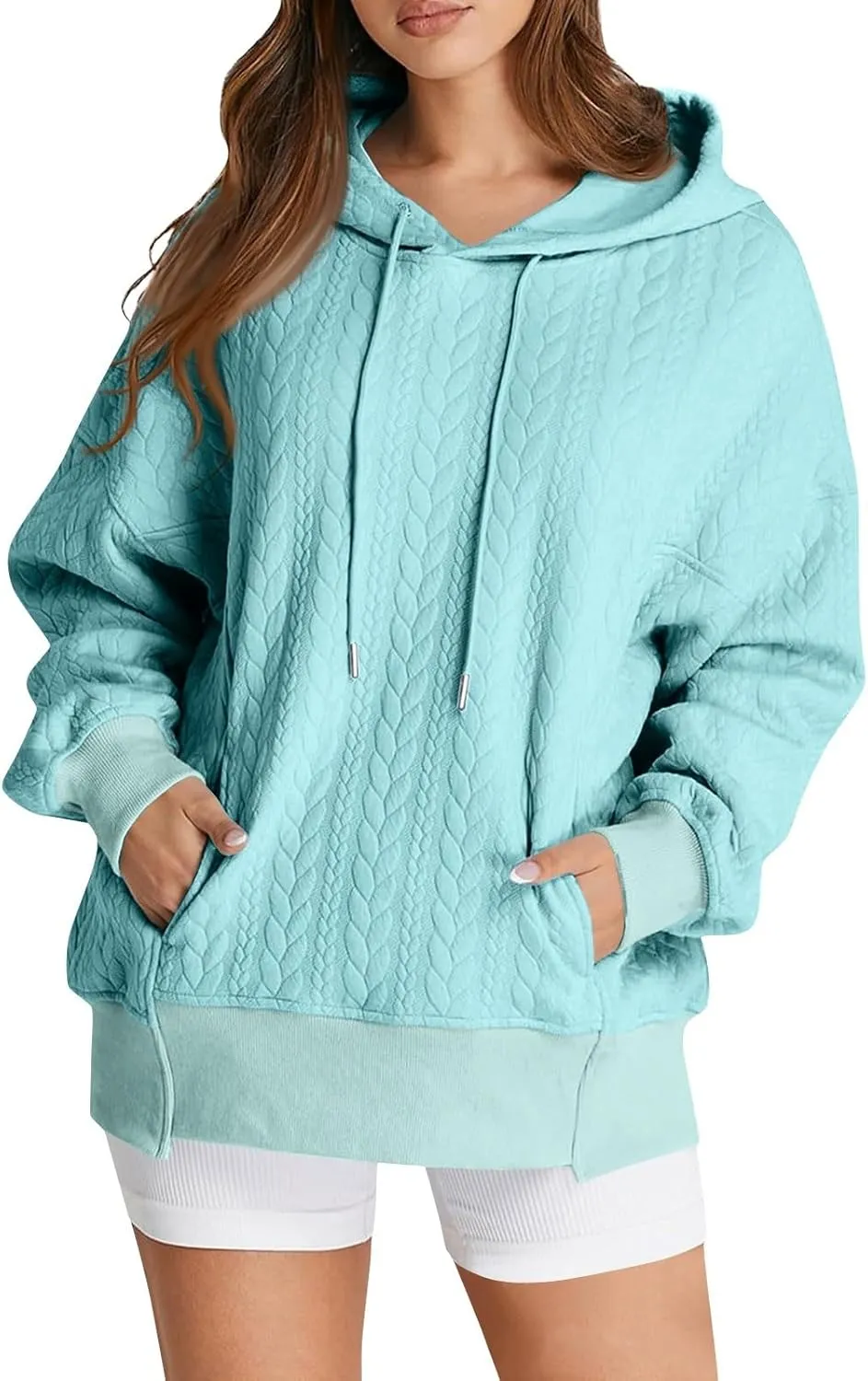 Womens Fall Oversized Hoodie Casual Long Sleeve Drawstring Quilted Pullover Tops Solid Hooded Sweatshirt with Pockets