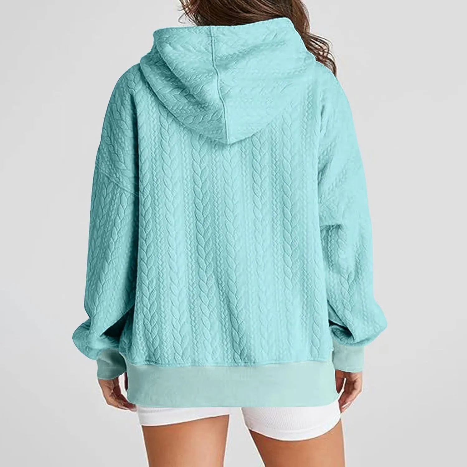 Womens Fall Oversized Hoodie Casual Long Sleeve Drawstring Quilted Pullover Tops Solid Hooded Sweatshirt with Pockets