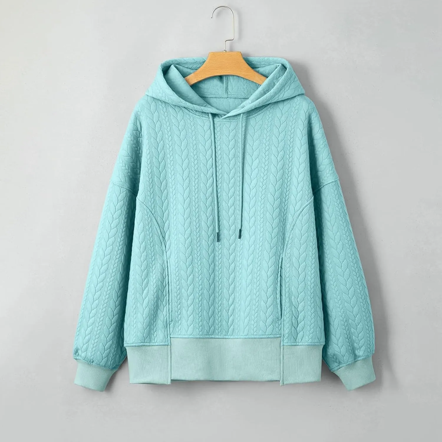 Womens Fall Oversized Hoodie Casual Long Sleeve Drawstring Quilted Pullover Tops Solid Hooded Sweatshirt with Pockets