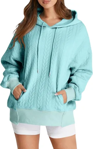 Womens Fall Oversized Hoodie Casual Long Sleeve Drawstring Quilted Pullover Tops Solid Hooded Sweatshirt with Pockets
