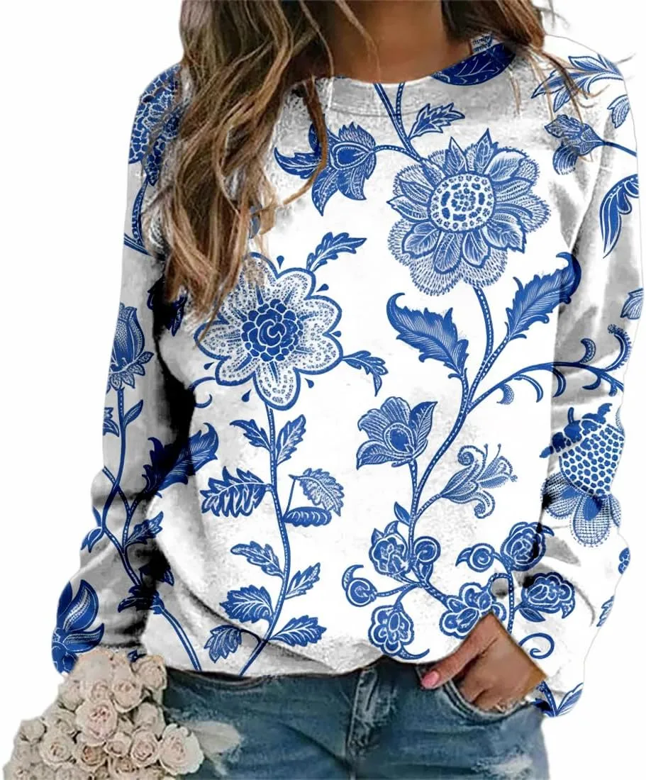 Womens Flower Sweater Fall Graphic Sweatshirts Plus Size Casual Long Sleeve Crewneck Vintage Flower Pullover Tops