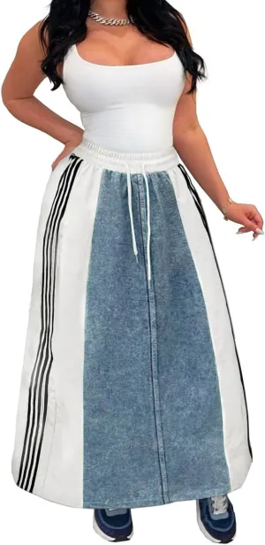 Women's High Waisted Maxi Long Denim Skirts Drawstring Contrast Stripes A Line Flowy Flare Jean Midi Skirt