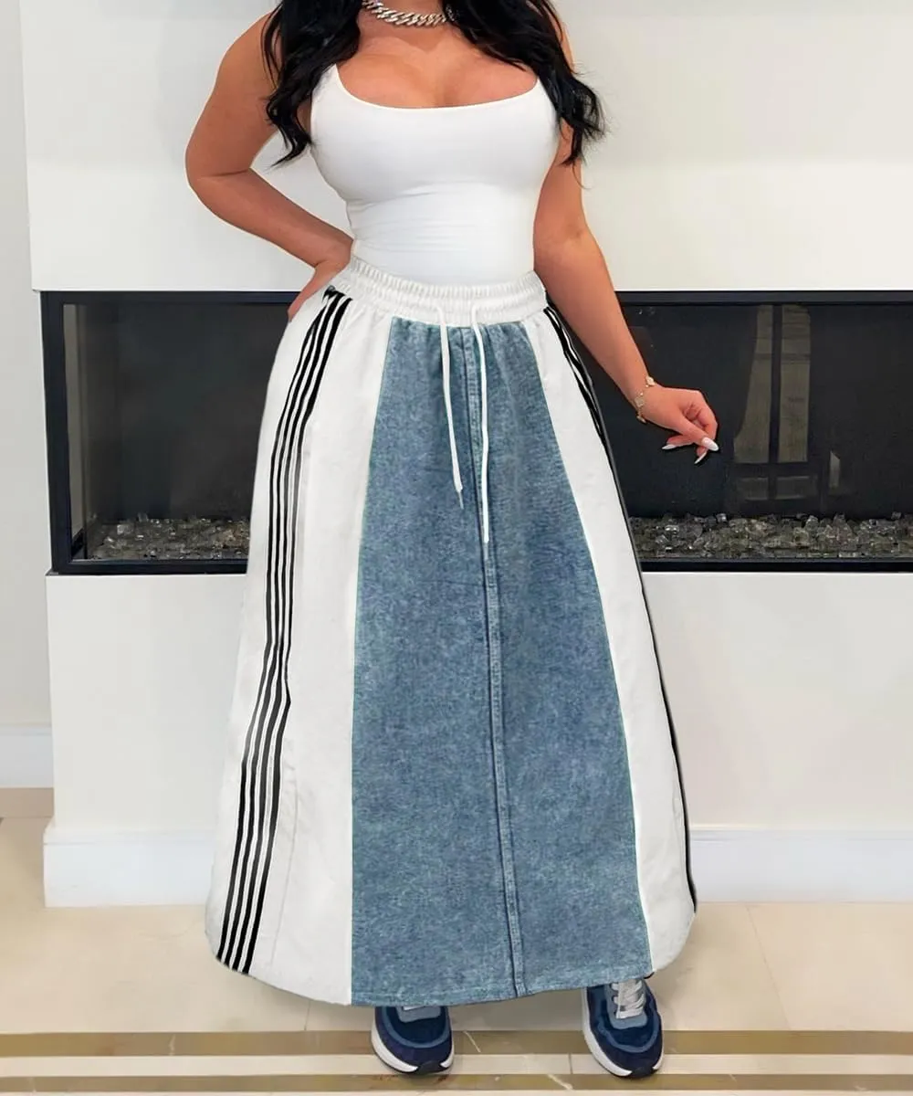 Women's High Waisted Maxi Long Denim Skirts Drawstring Contrast Stripes A Line Flowy Flare Jean Midi Skirt