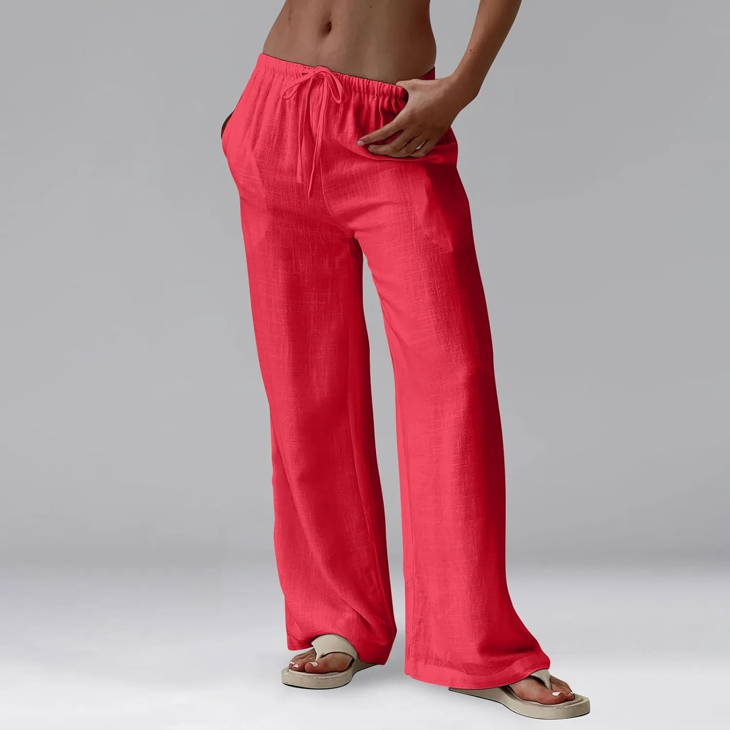 Women's High Waisted Wide Leg Pants Cotton Linen Summer Palazzo Flowy Beach Trousers with Pockets
