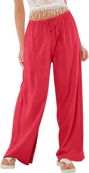 Women's High Waisted Wide Leg Pants Cotton Linen Summer Palazzo Flowy Beach Trousers with Pockets