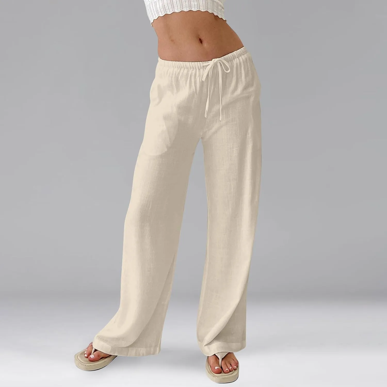 Women's High Waisted Wide Leg Pants Cotton Linen Summer Palazzo Flowy Beach Trousers with Pockets