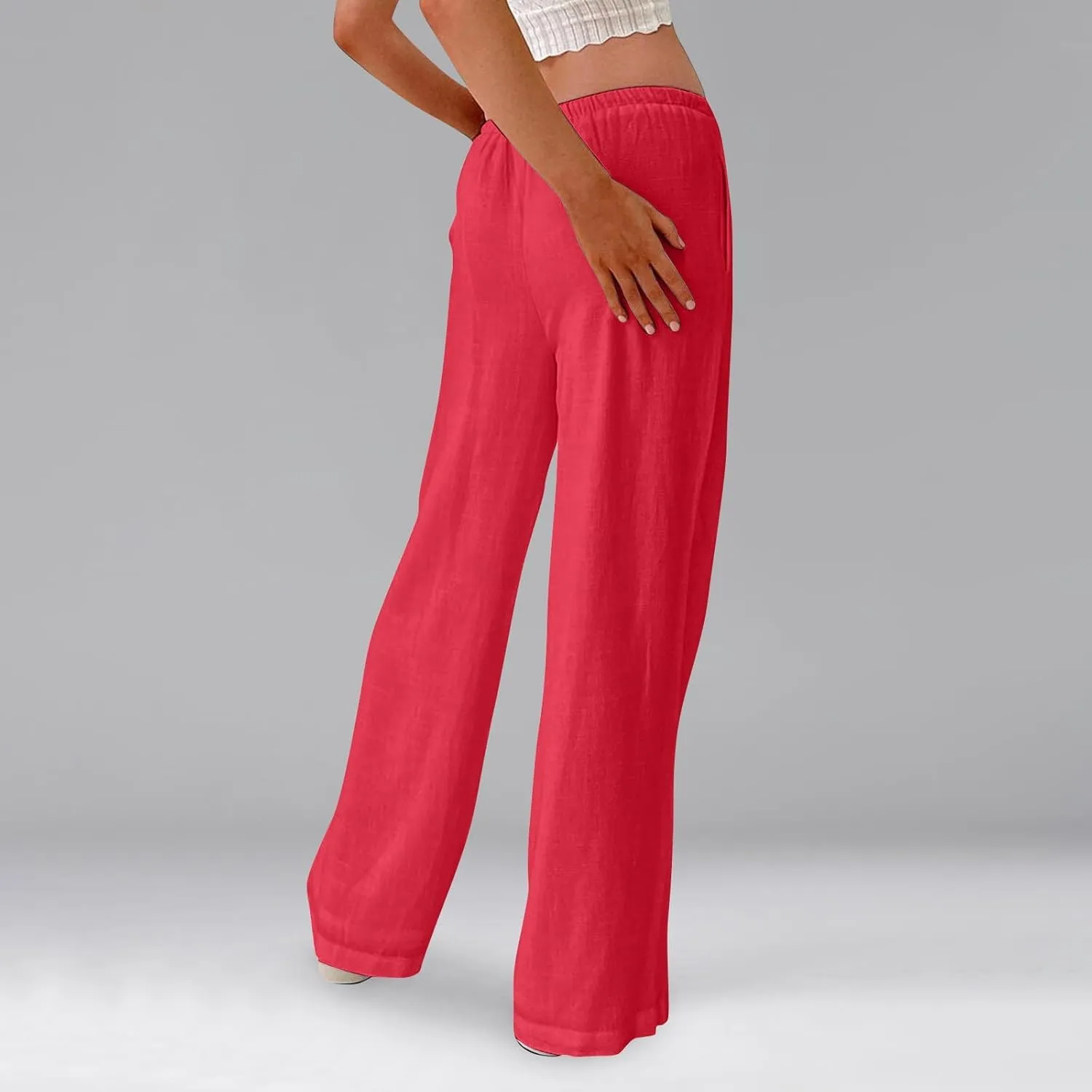Women's High Waisted Wide Leg Pants Cotton Linen Summer Palazzo Flowy Beach Trousers with Pockets