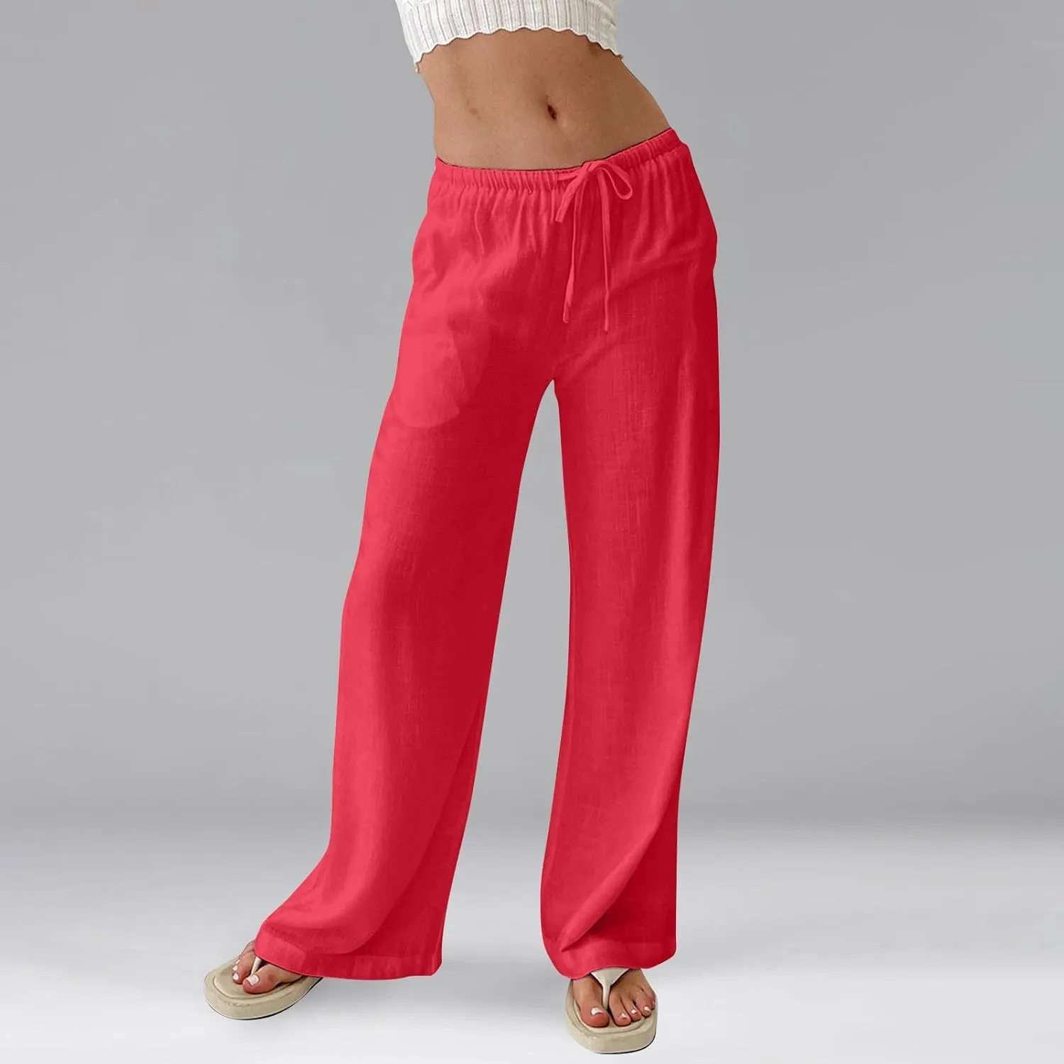 Women's High Waisted Wide Leg Pants Cotton Linen Summer Palazzo Flowy Beach Trousers with Pockets