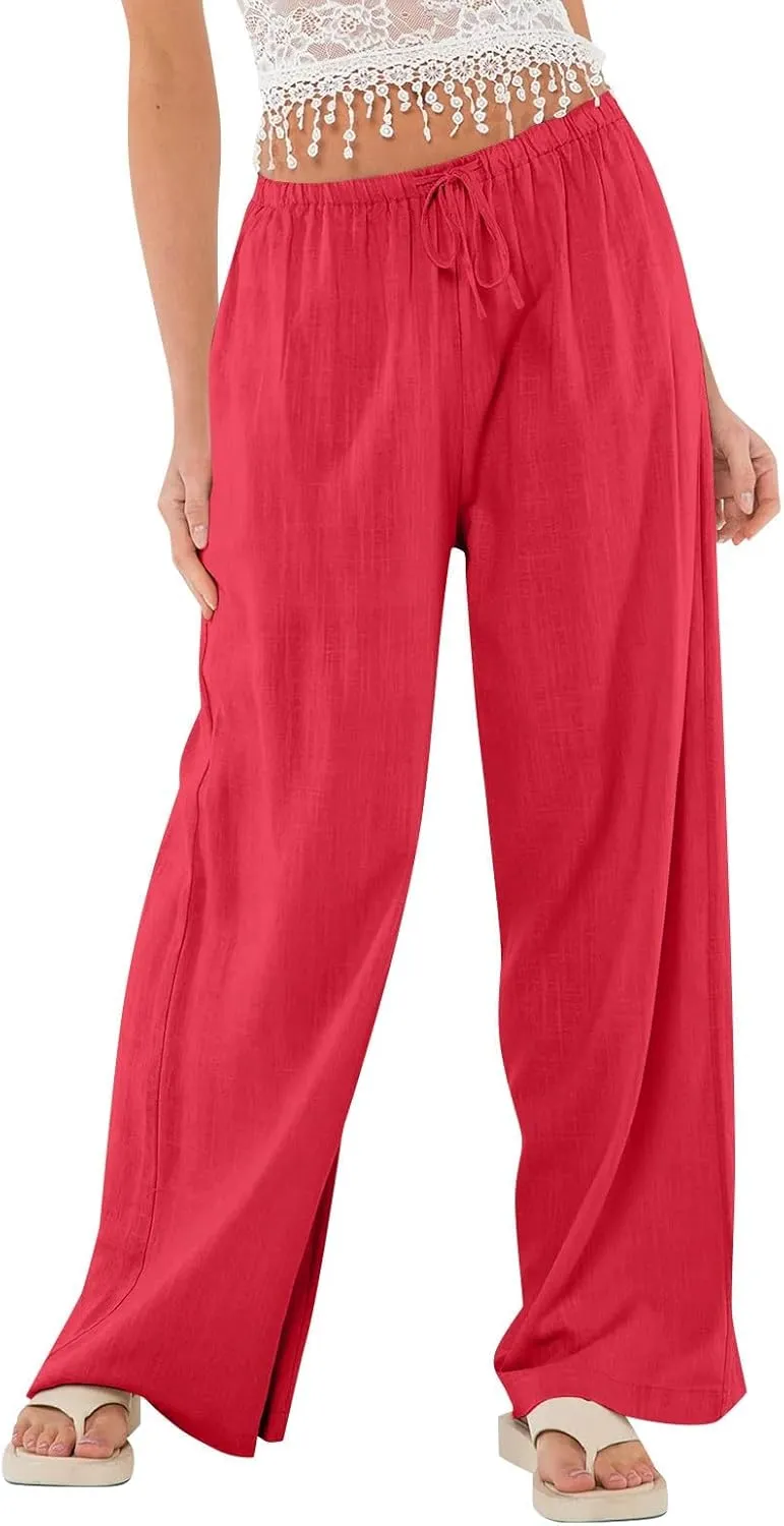 Women's High Waisted Wide Leg Pants Cotton Linen Summer Palazzo Flowy Beach Trousers with Pockets