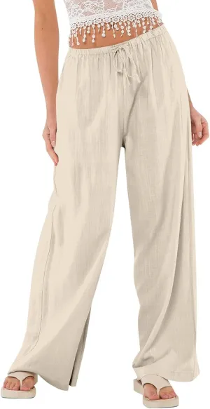 Women's High Waisted Wide Leg Pants Cotton Linen Summer Palazzo Flowy Beach Trousers with Pockets
