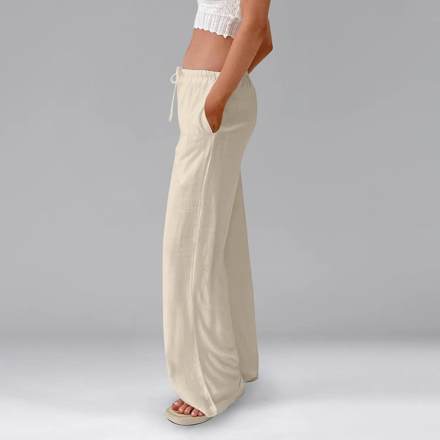 Women's High Waisted Wide Leg Pants Cotton Linen Summer Palazzo Flowy Beach Trousers with Pockets