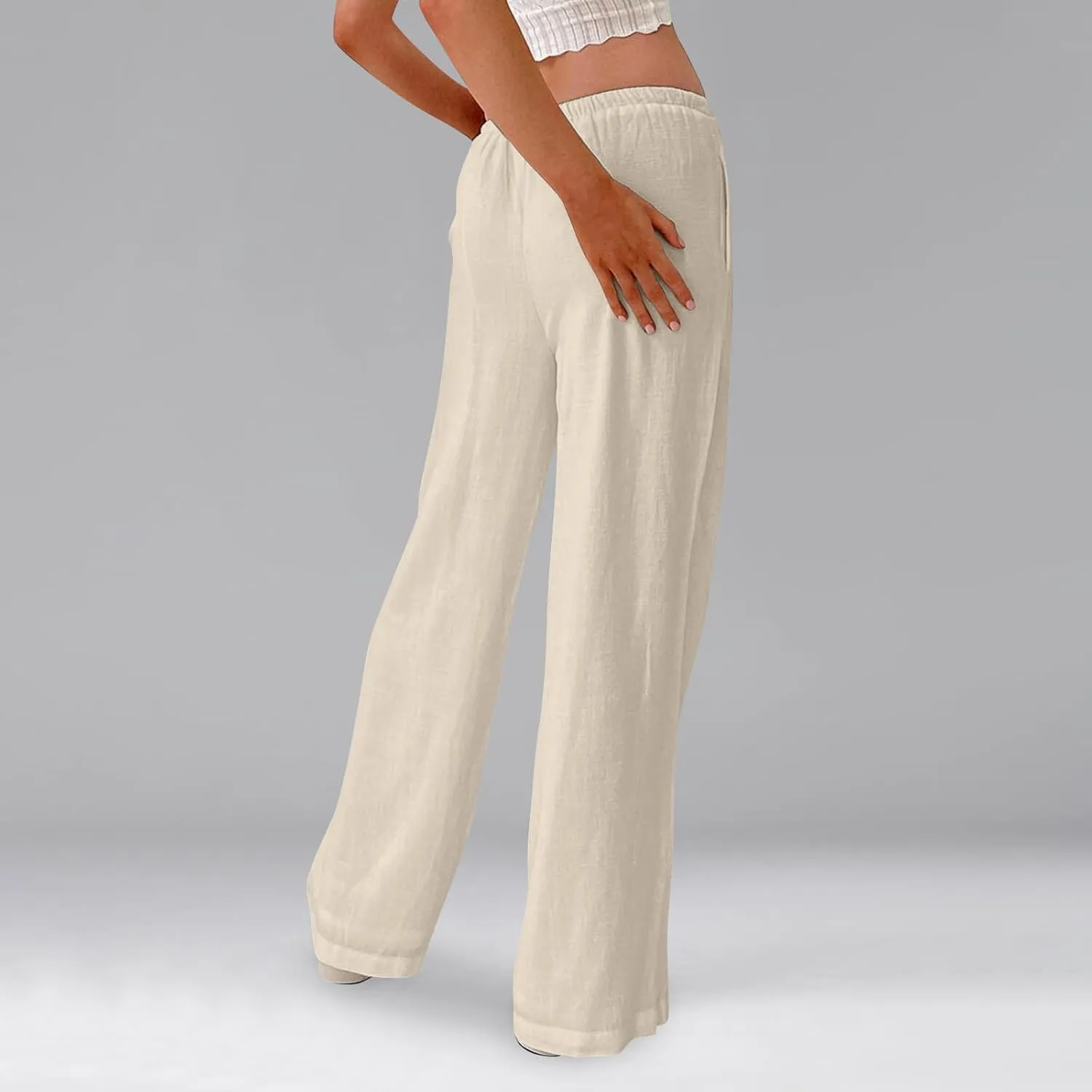 Women's High Waisted Wide Leg Pants Cotton Linen Summer Palazzo Flowy Beach Trousers with Pockets