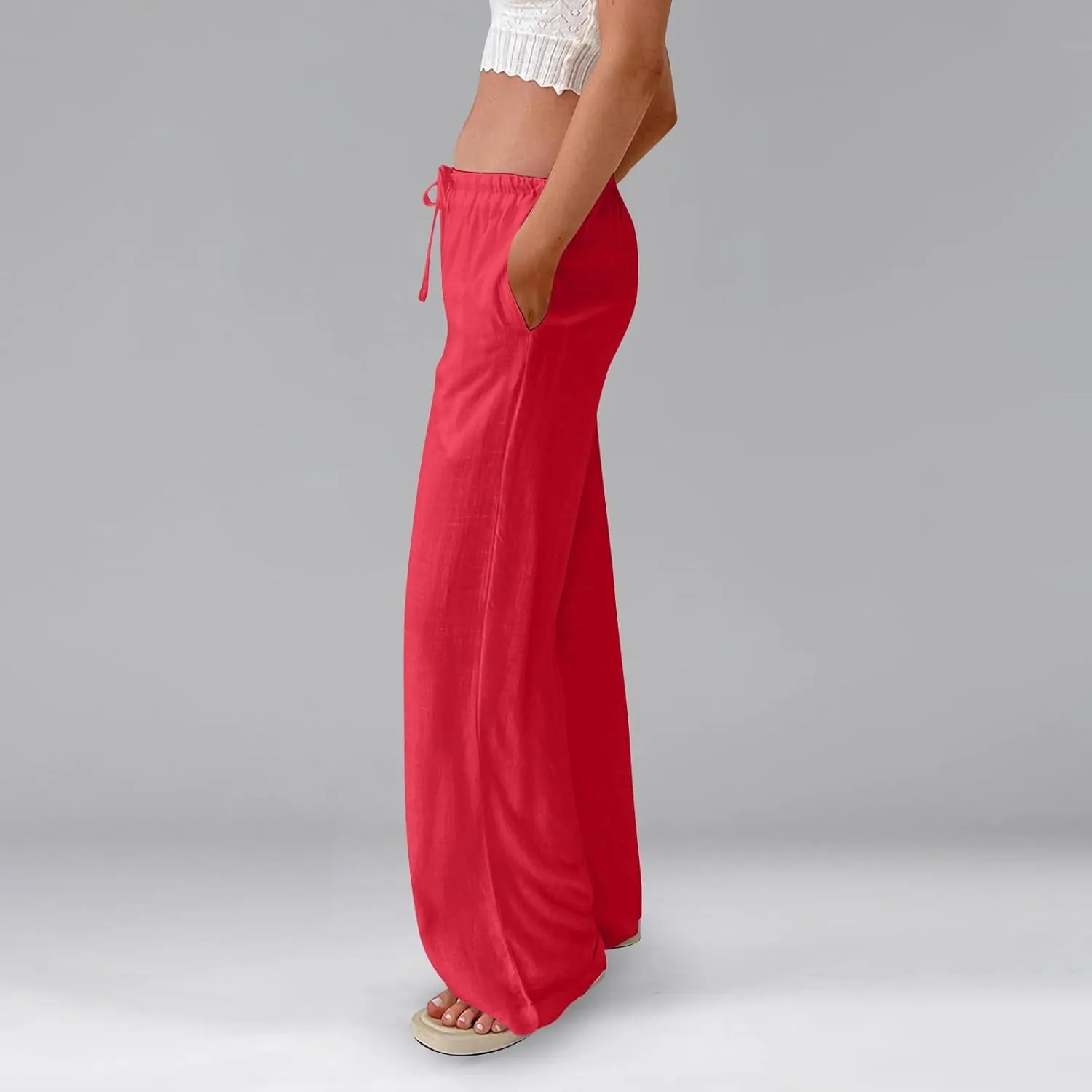 Women's High Waisted Wide Leg Pants Cotton Linen Summer Palazzo Flowy Beach Trousers with Pockets