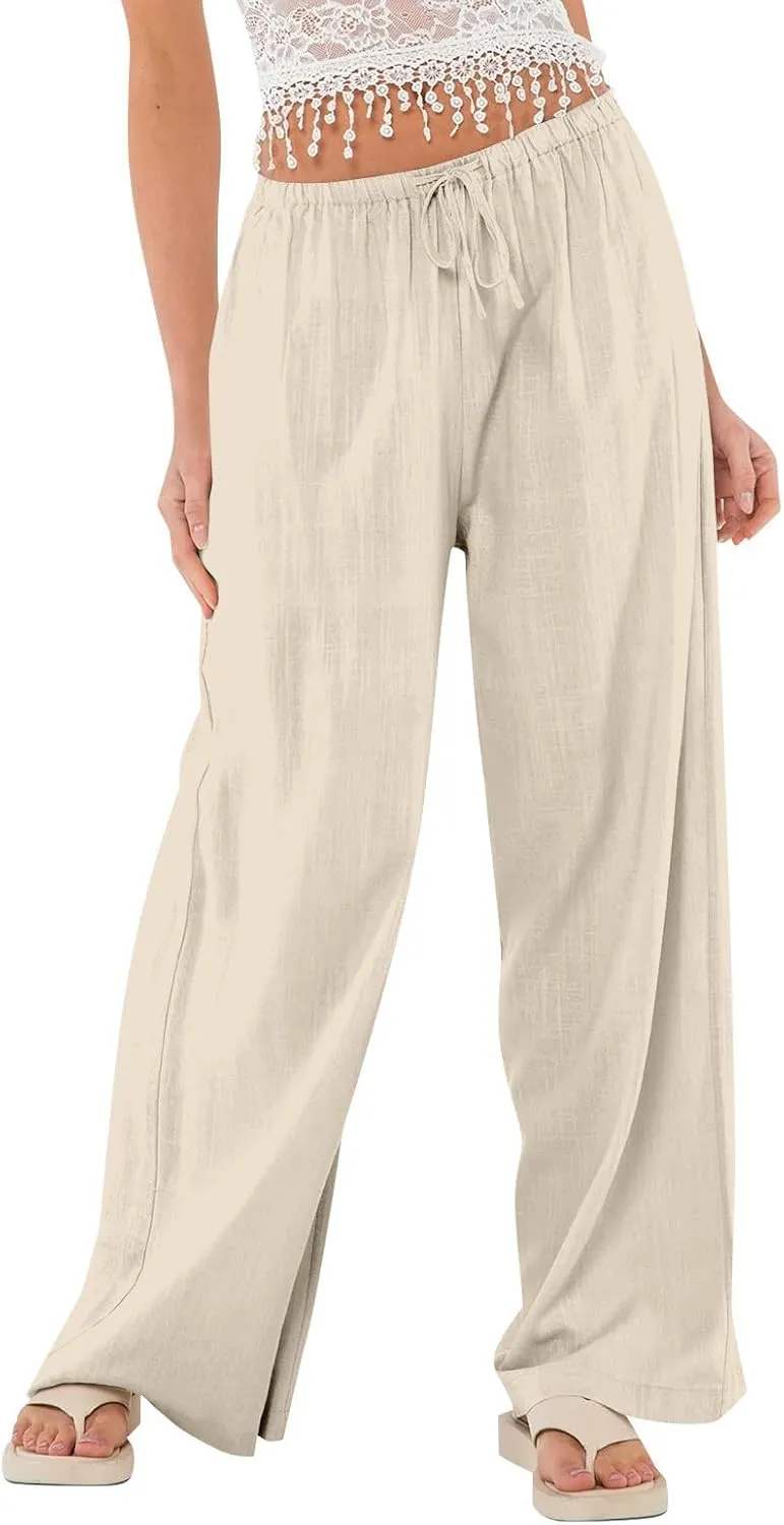 Women's High Waisted Wide Leg Pants Cotton Linen Summer Palazzo Flowy Beach Trousers with Pockets