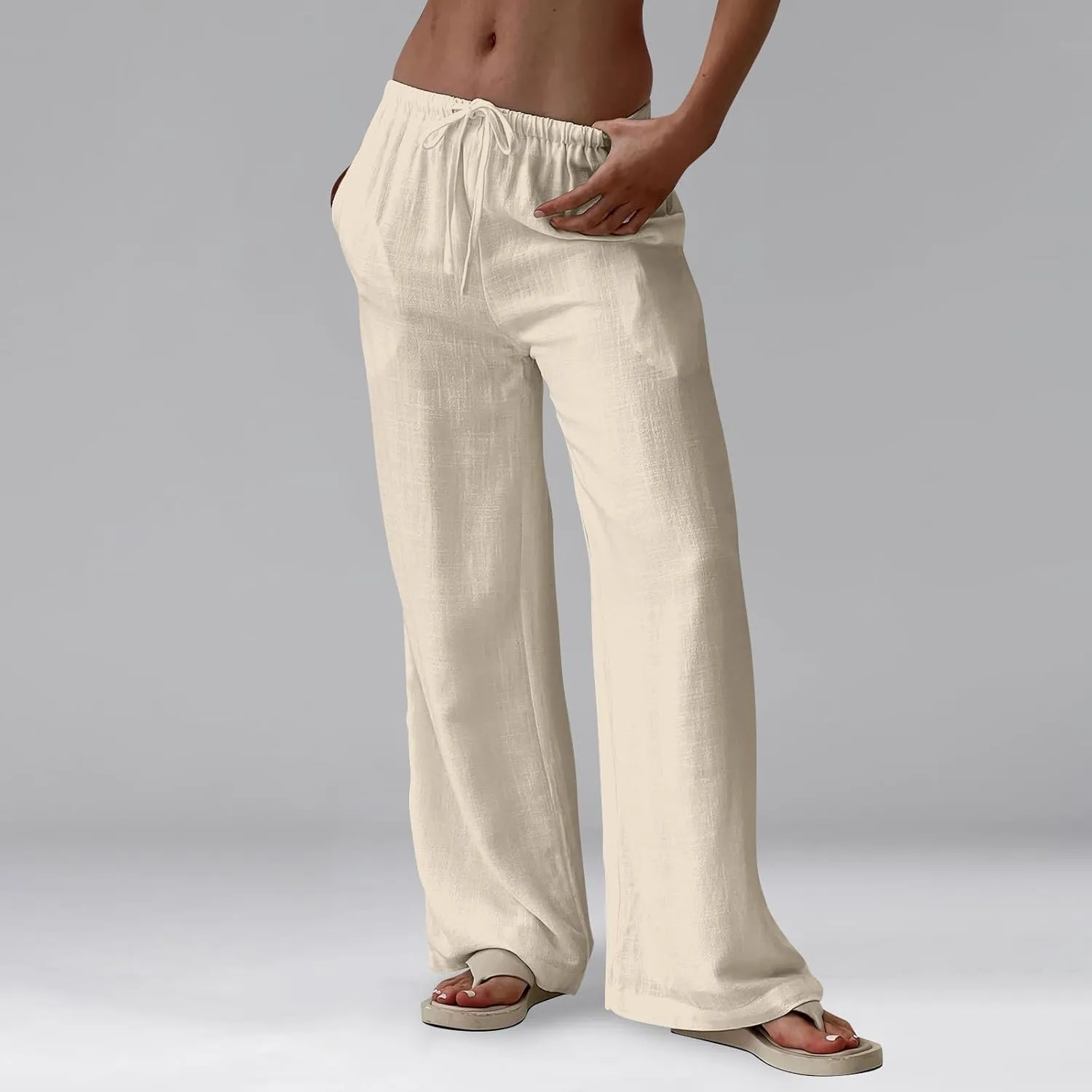 Women's High Waisted Wide Leg Pants Cotton Linen Summer Palazzo Flowy Beach Trousers with Pockets