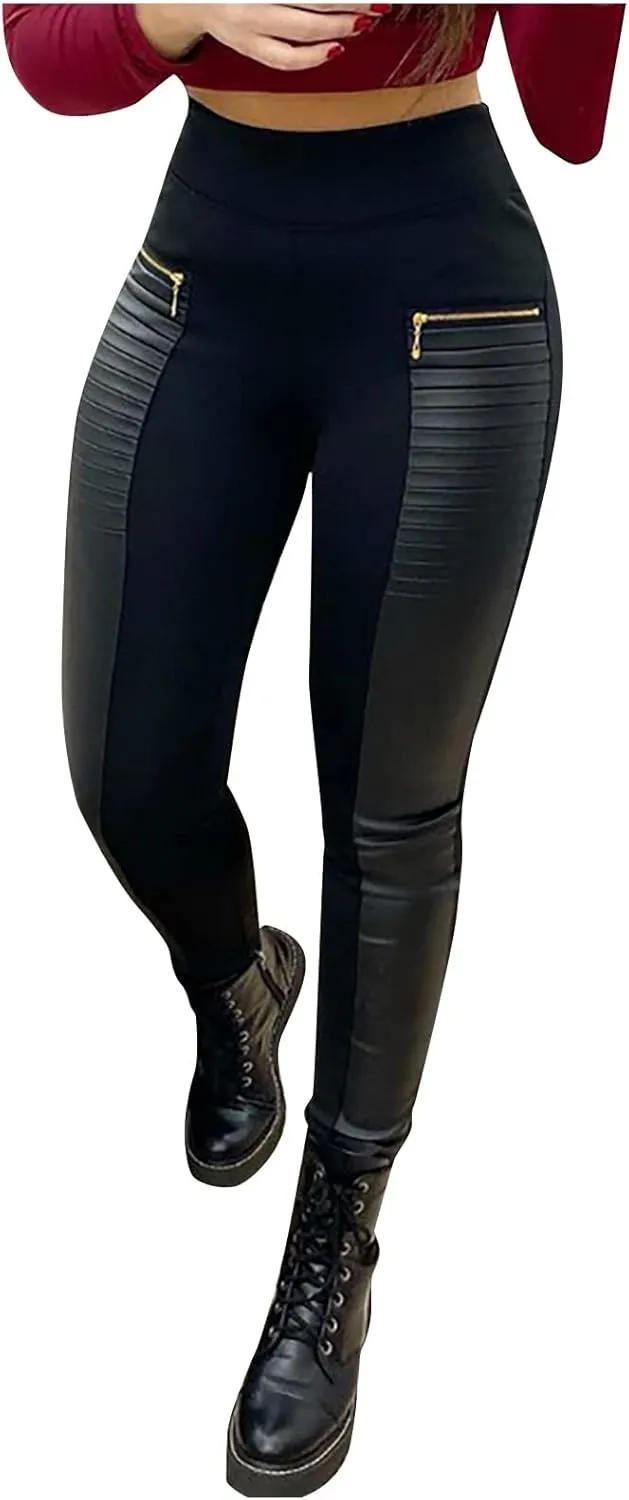 Women's Leather Pants Wide Leg Trousers Contrast Pants Leather Design High Faux Women's Waist Zipper Skinny (Black, L)