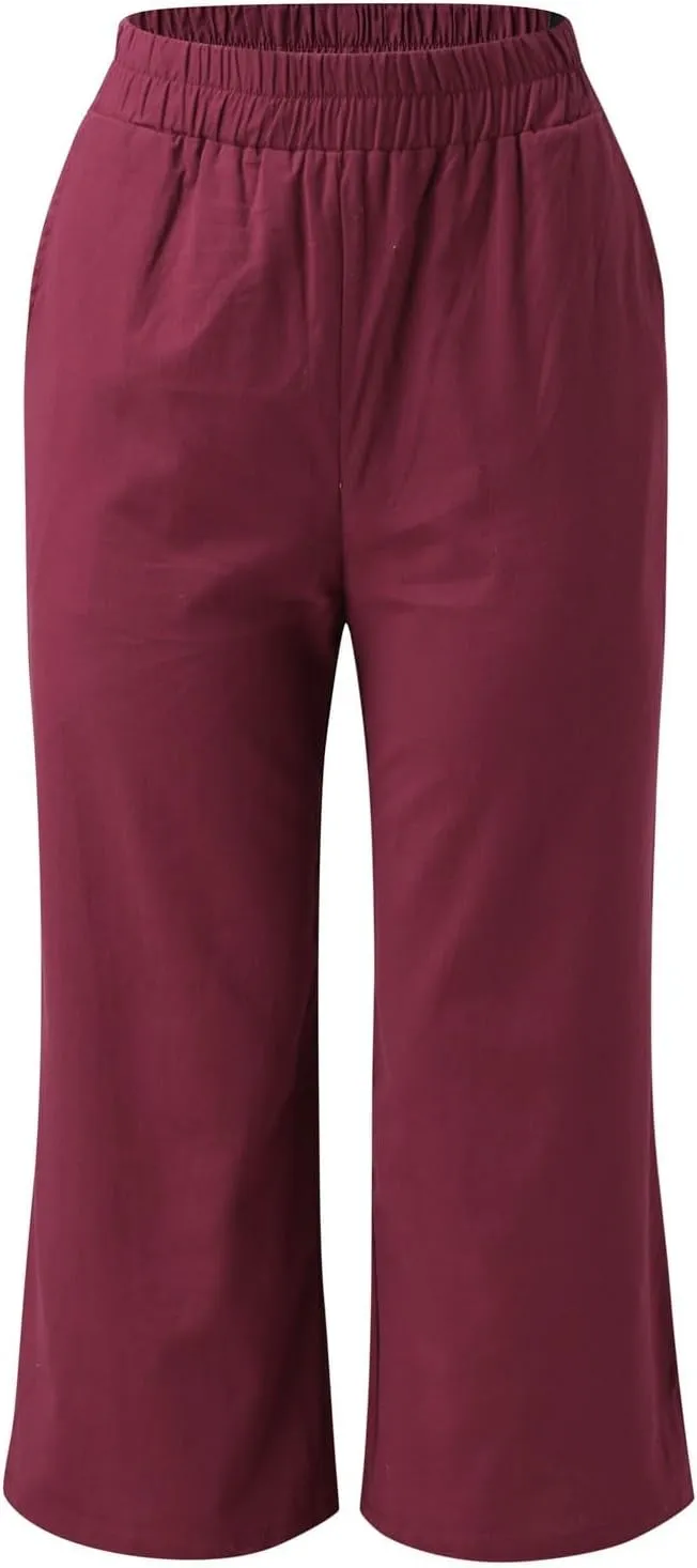 Women's Linen Blend High Waist Pants Elastic Drawstring Loose Fit Summer Palazzo Trousers with Side Pockets