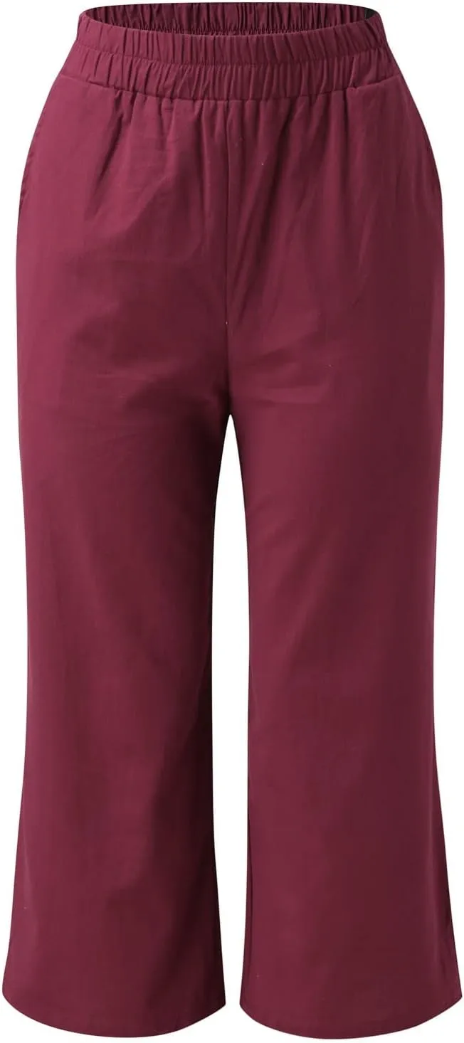Women's Linen Blend High Waist Pants Elastic Drawstring Loose Fit Summer Palazzo Trousers with Side Pockets