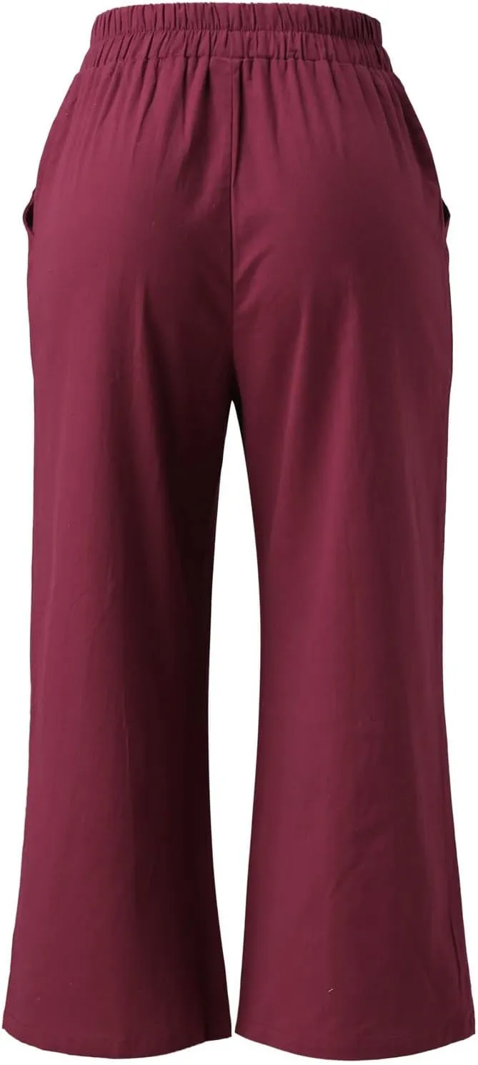 Women's Linen Blend High Waist Pants Elastic Drawstring Loose Fit Summer Palazzo Trousers with Side Pockets