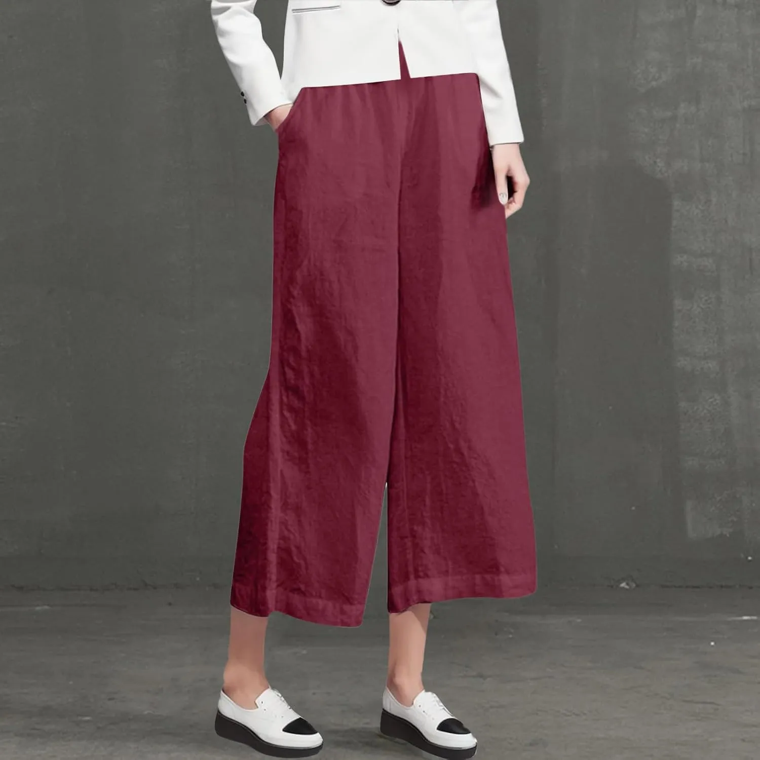 Women's Linen Blend High Waist Pants Elastic Drawstring Loose Fit Summer Palazzo Trousers with Side Pockets