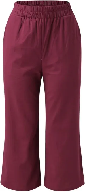 Women's Linen Blend High Waist Pants Elastic Drawstring Loose Fit Summer Palazzo Trousers with Side Pockets
