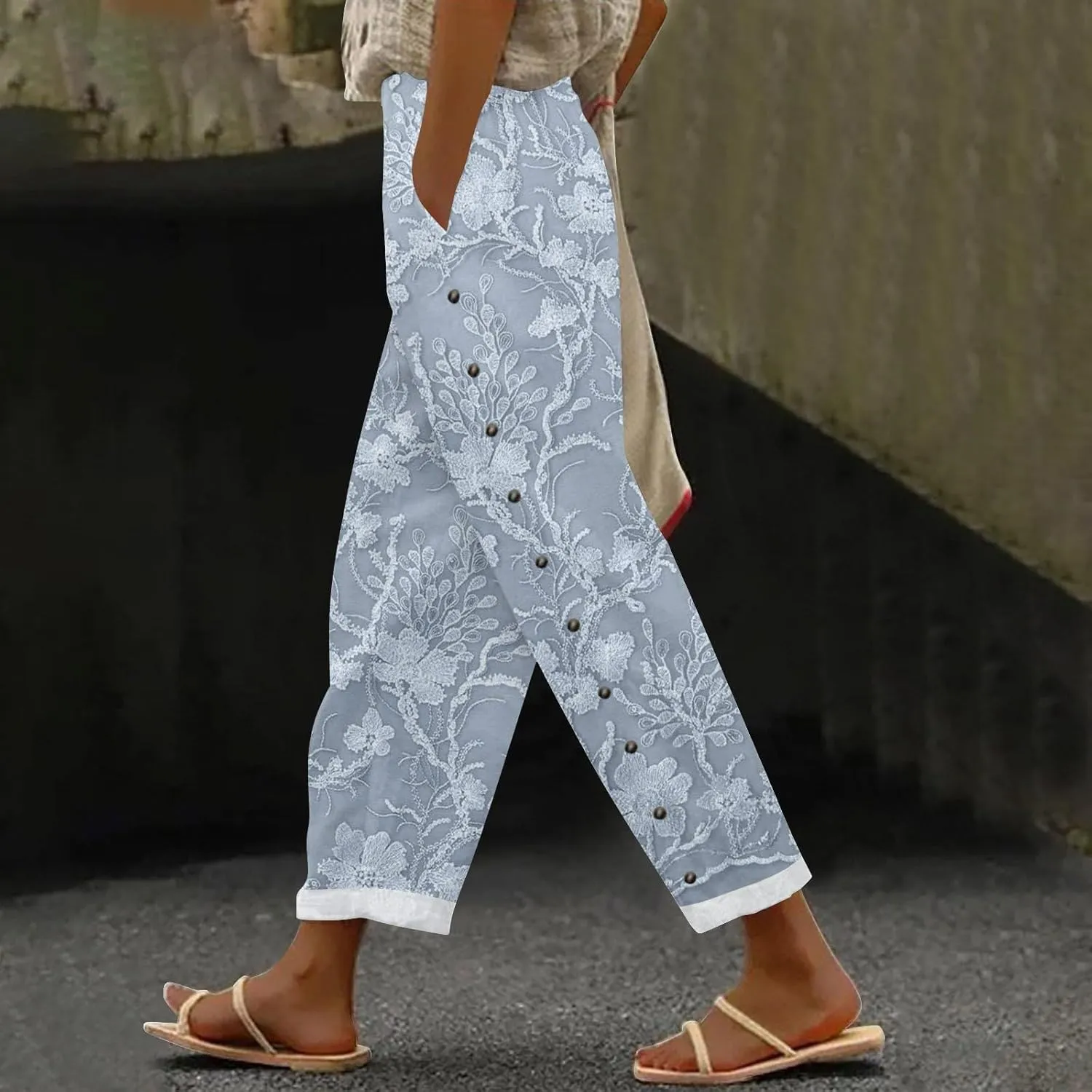 Womens Linen Capri Pants Elastic Waist Drawstring Petite Summer Beachwear Straight Leg Lounge Trousers with Pockets
