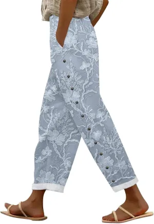Womens Linen Capri Pants Elastic Waist Drawstring Petite Summer Beachwear Straight Leg Lounge Trousers with Pockets
