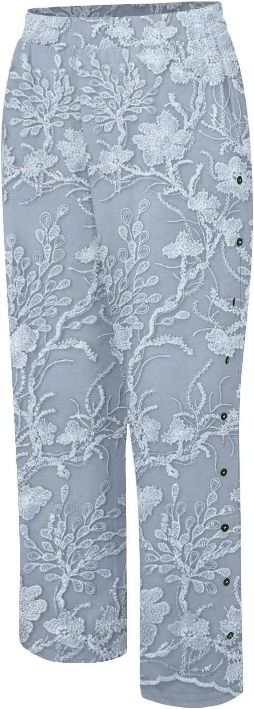 Womens Linen Capri Pants Elastic Waist Drawstring Petite Summer Beachwear Straight Leg Lounge Trousers with Pockets