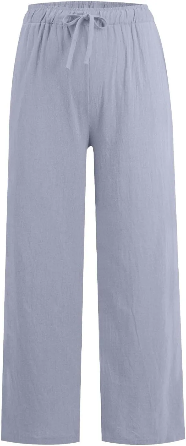 Women's Linen Pants 2025 Summer Cotton Wide Leg Casual Comfy Drawstring High Waist Palazzo Pants Trousers with Pockets