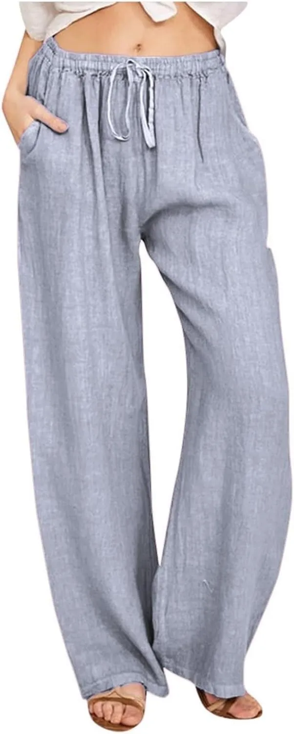 Women's Linen Pants 2025 Summer Cotton Wide Leg Casual Comfy Drawstring High Waist Palazzo Pants Trousers with Pockets