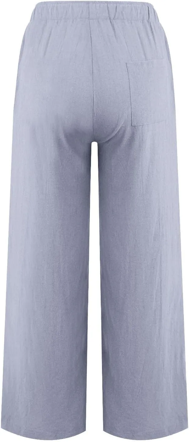 Women's Linen Pants 2025 Summer Cotton Wide Leg Casual Comfy Drawstring High Waist Palazzo Pants Trousers with Pockets