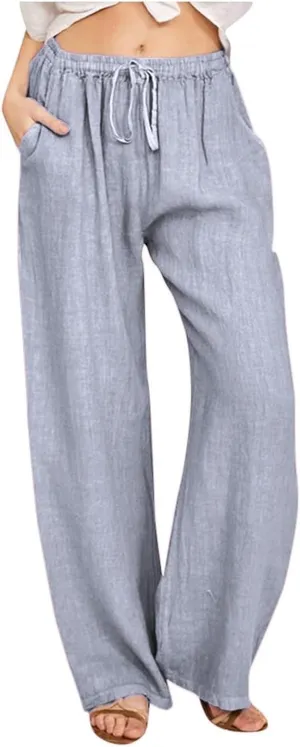 Women's Linen Pants 2025 Summer Cotton Wide Leg Casual Comfy Drawstring High Waist Palazzo Pants Trousers with Pockets