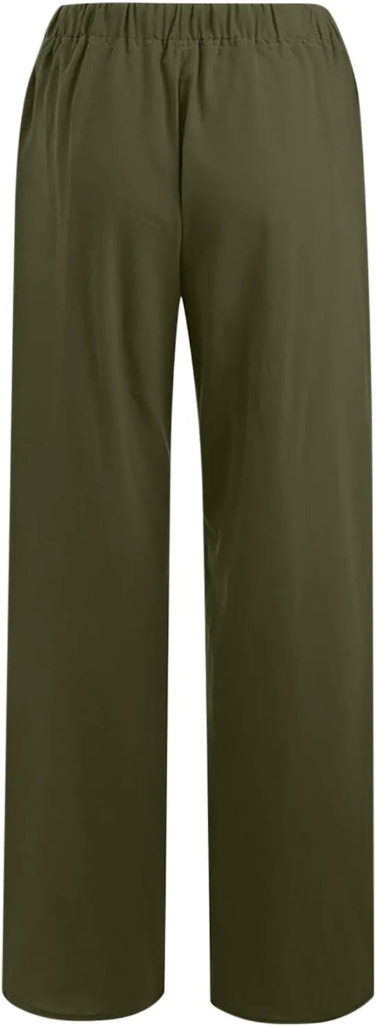 Womens Linen Pants Casual Elastic High Waisted Drawstring Palazzo Pant Trendy Wide Leg Beach Trousers with Pockets