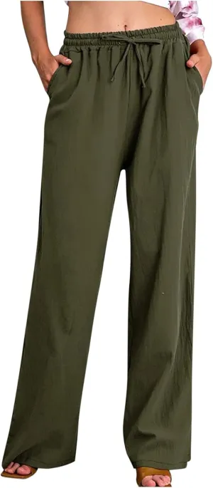 Womens Linen Pants Casual Elastic High Waisted Drawstring Palazzo Pant Trendy Wide Leg Beach Trousers with Pockets