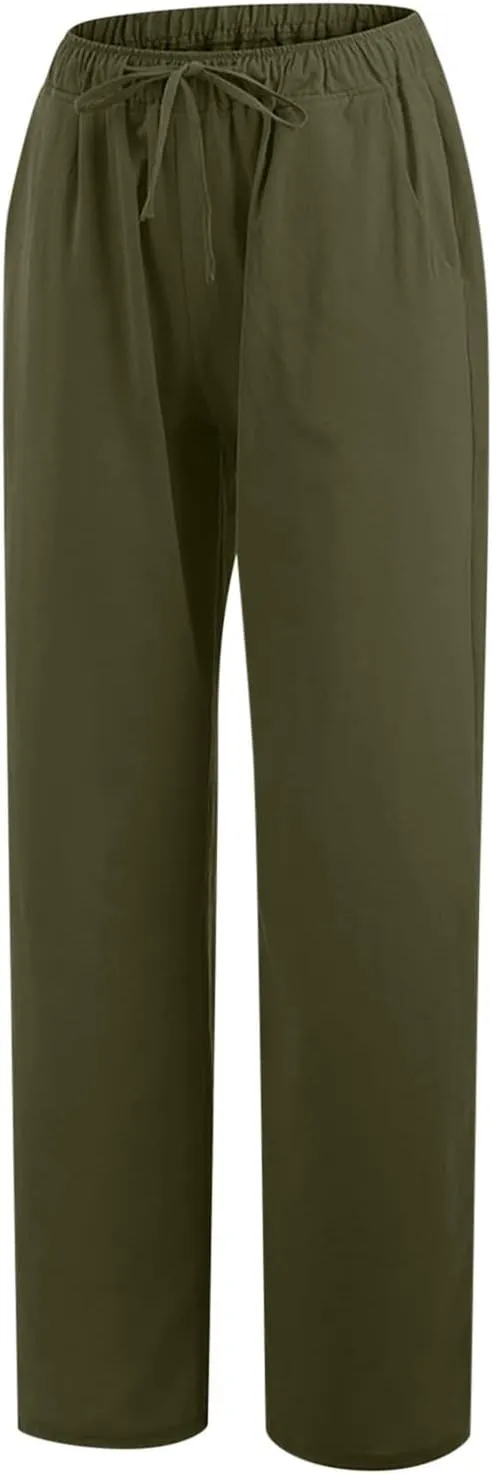 Womens Linen Pants Casual Elastic High Waisted Drawstring Palazzo Pant Trendy Wide Leg Beach Trousers with Pockets