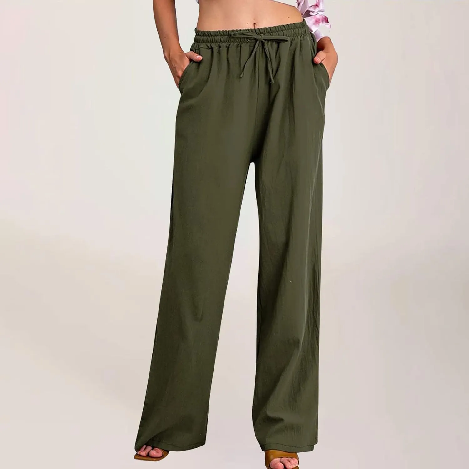 Womens Linen Pants Casual Elastic High Waisted Drawstring Palazzo Pant Trendy Wide Leg Beach Trousers with Pockets