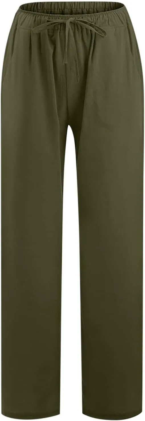 Womens Linen Pants Casual Elastic High Waisted Drawstring Palazzo Pant Trendy Wide Leg Beach Trousers with Pockets