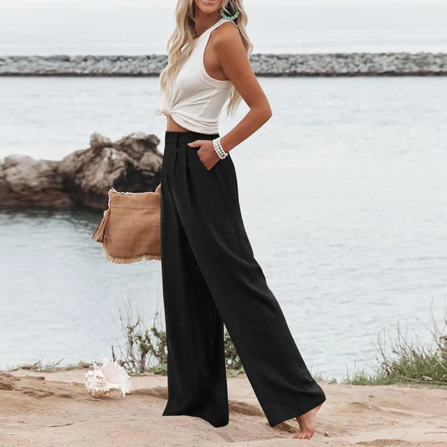 Women's Linen Pants Fashion Straight Leg High Waisted Dress Trousers Loose Casual Wide Leg Solid Color Vacation Pants