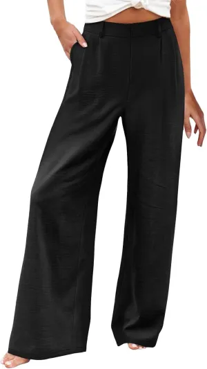 Women's Linen Pants Fashion Straight Leg High Waisted Dress Trousers Loose Casual Wide Leg Solid Color Vacation Pants