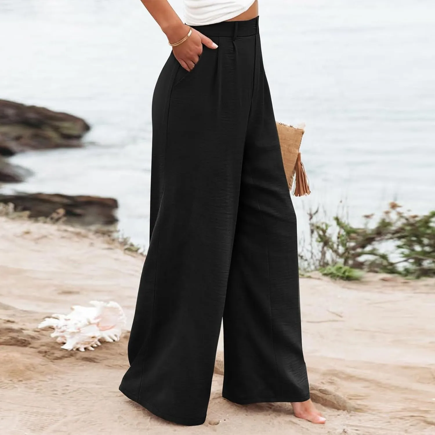 Women's Linen Pants Fashion Straight Leg High Waisted Dress Trousers Loose Casual Wide Leg Solid Color Vacation Pants