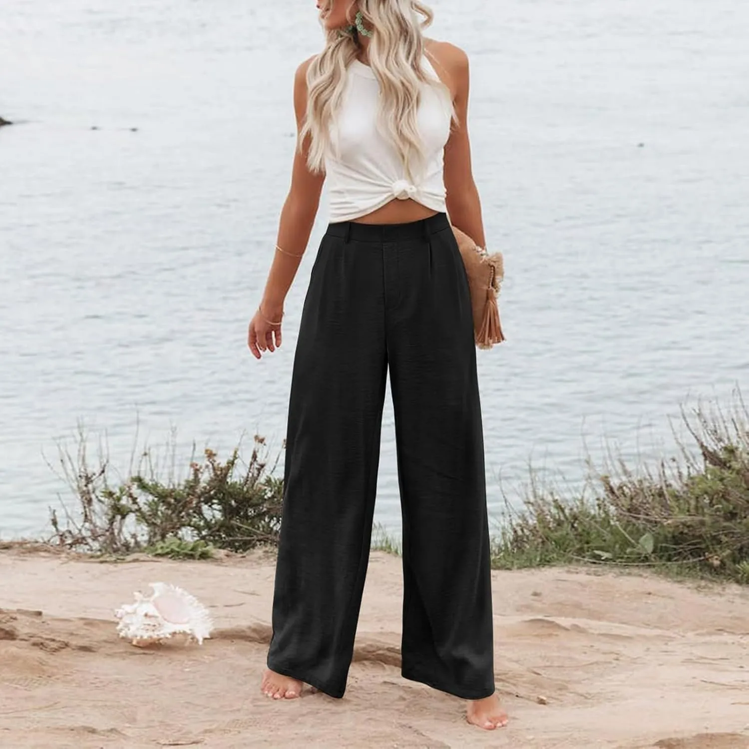 Women's Linen Pants Fashion Straight Leg High Waisted Dress Trousers Loose Casual Wide Leg Solid Color Vacation Pants