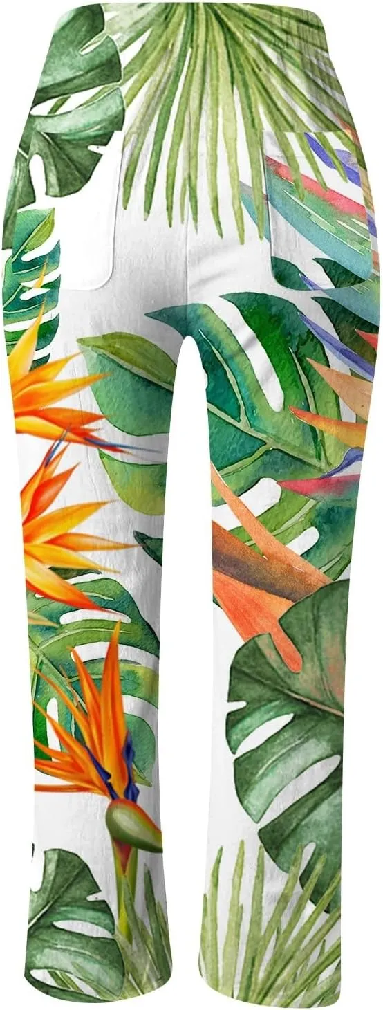Women's Linen Pants Palazzo Baggy Pants Cotton Boho Casual Gauze Long Pant Wide Leg Lounge Trousers with Pockets