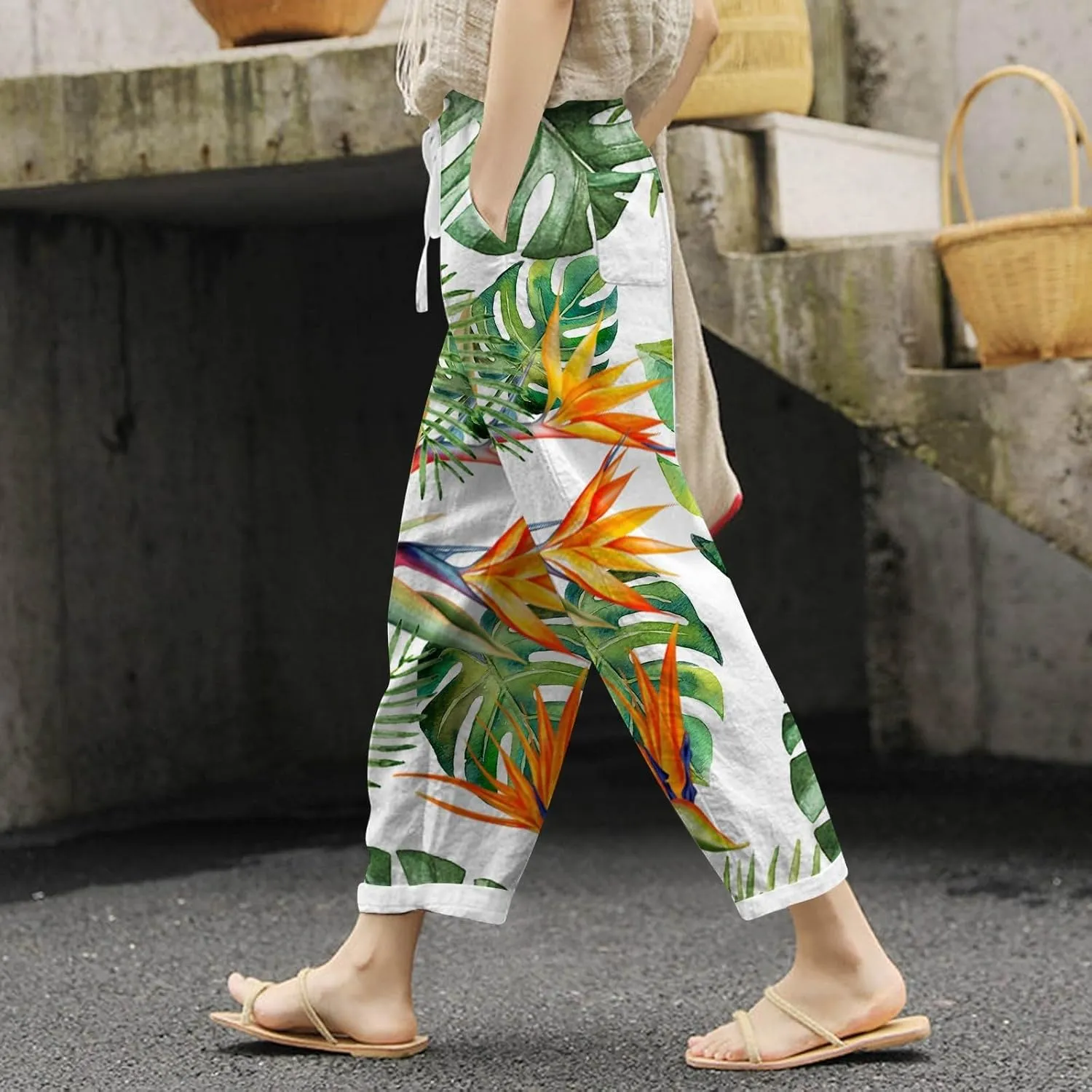 Women's Linen Pants Palazzo Baggy Pants Cotton Boho Casual Gauze Long Pant Wide Leg Lounge Trousers with Pockets