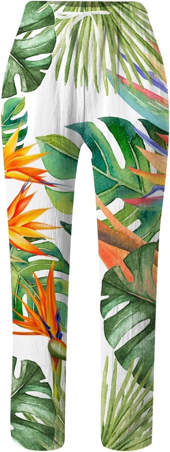 Women's Linen Pants Palazzo Baggy Pants Cotton Boho Casual Gauze Long Pant Wide Leg Lounge Trousers with Pockets